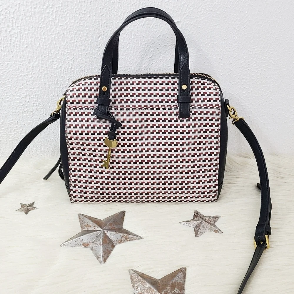 Fossil Rachel satchel crossbody bag brown black geometric ziparound